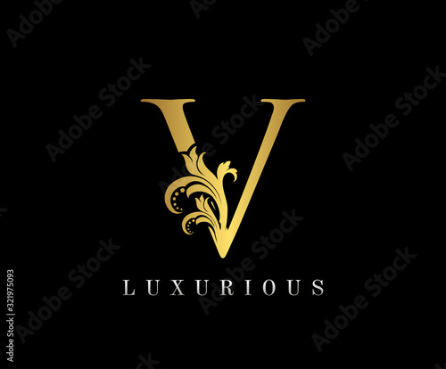 Golden V Luxury Logo Icon, Vintage Royal Gold V Letter Logo Design.