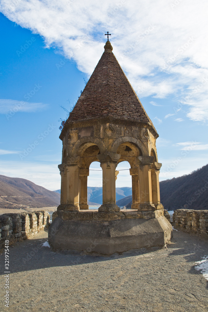 Georgia, the bell tower of the Ananuri Fortress on the Georgian Military Road overlooking the lake