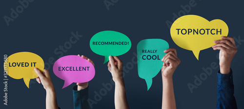 Customer Experiences Concept. Group of Happy People Raised up Hand to Giving a Positive Review on Speech Bubble Card. Client's Satisfaction Surveys. Front View photo