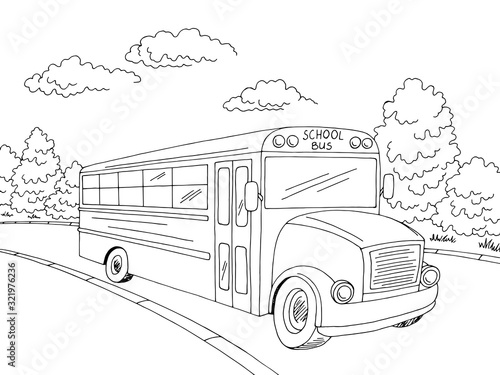 School bus graphic black white street landscape sketch illustration vector