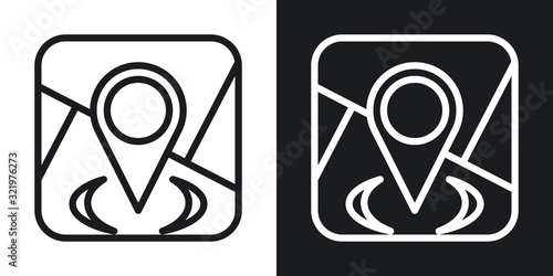 Maps and navigation app icon for smartphone, tablet, laptop or other smart device with mobile interface. Minimalistic two-tone version on black and white background