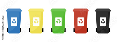 Garbage cans vector flat illustrations. Sorting garbage. Ecology and recycle concept. Colorful recycle trash bins isolated on white background.