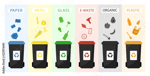 Garbage cans vector flat illustrations. Sorting garbage. Ecology and recycle concept. Black recycle trash bins isolated on white background.
