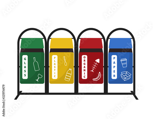 Garbage cans vector flat illustrations. Sorting garbage. Ecology and recycle concept. Colorful recycle trash bins isolated on white background.