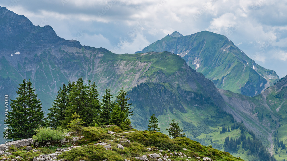 Switzerland, Panoramic view on green Alps around Saxeten valley Switzerland, Panoramic view on green Alps around Saxeten valley