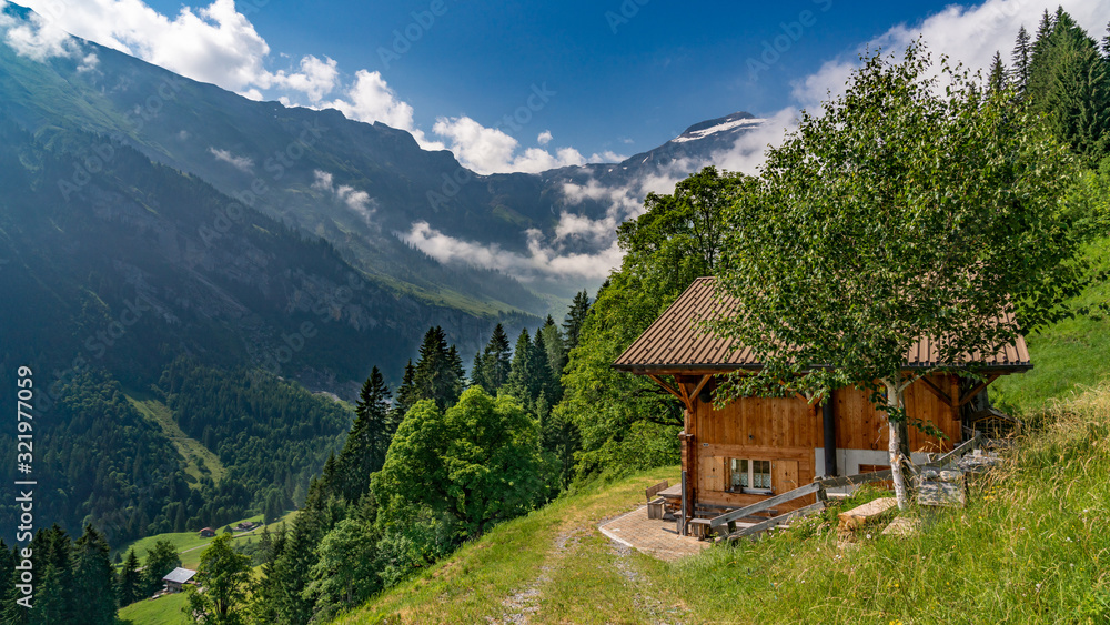 Switzerland, Panoramic view on green Alps around Saxeten valley