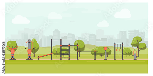 Urban park landscape flat illustration with street workout zone. Sport playground, outdoor gym equipment. Stock vector.
