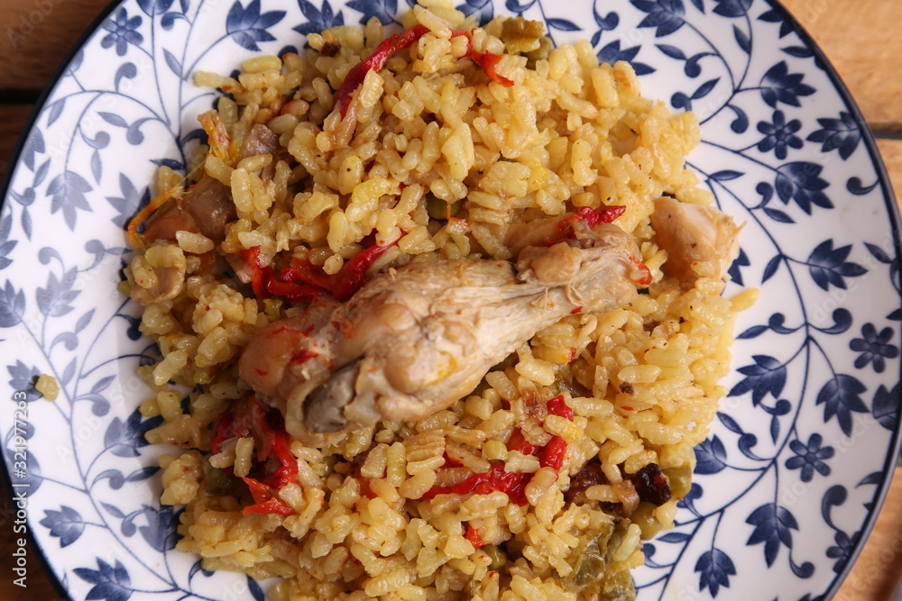 plate of rice with chicken and peppers plate of rice with chicken and peppers