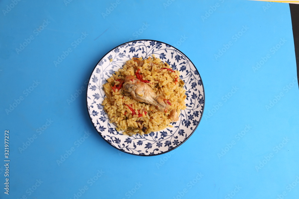 plate of rice with chicken and peppers plate of rice with chicken and peppers
