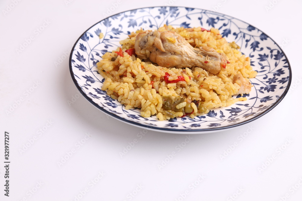 plate of rice with chicken and peppers plate of rice with chicken and peppers