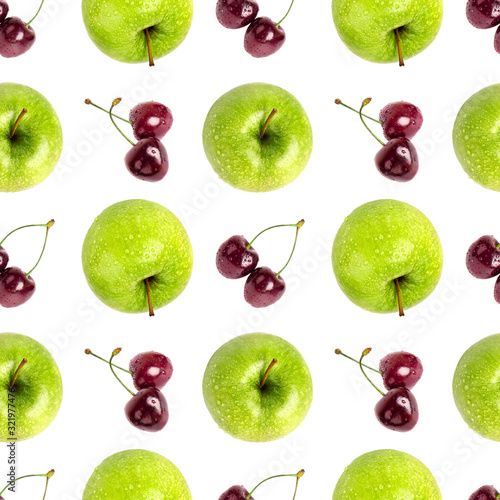 Seamless pattern of fresh green apples, red cherry berries isolated, white background, apple and sweet cherries berry repeating ornament, tasty ripe fruit backdrop, healthy diet food concept wallpaper