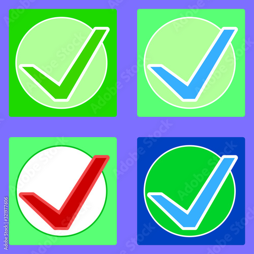 Collection of bright icons with multicolored tick.