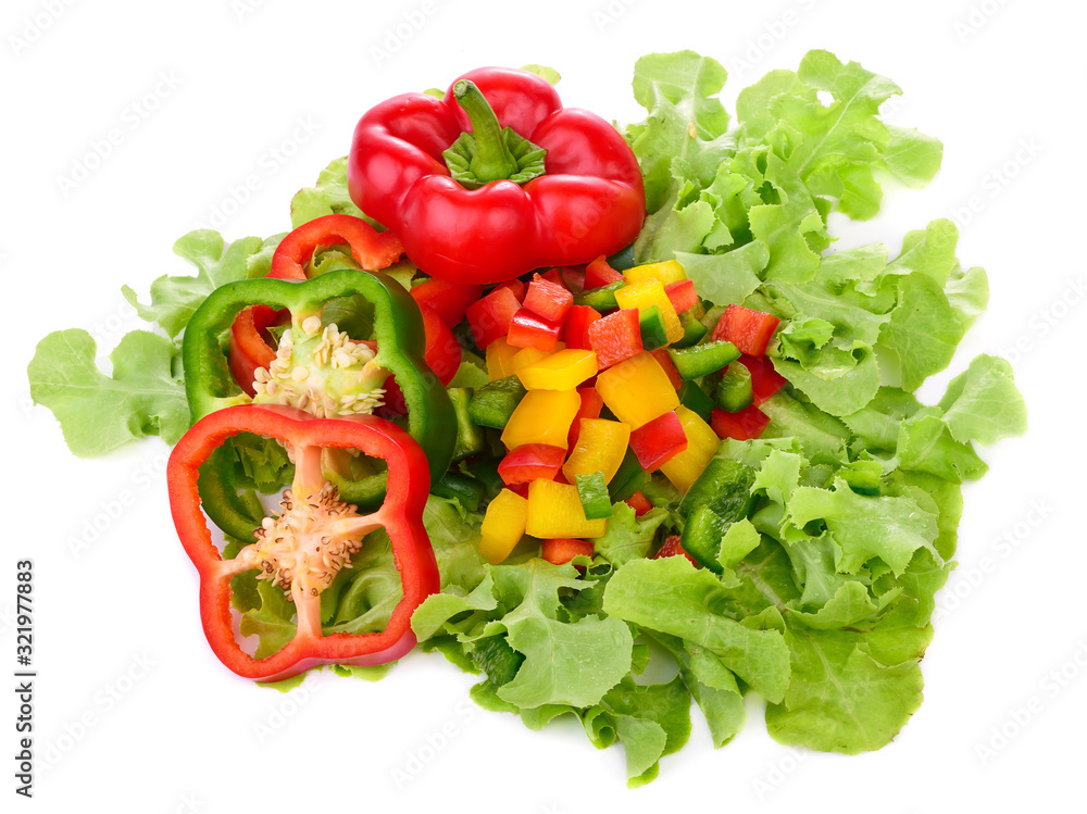 pepper sweet red, green,yellow and lettuce isolated on a white background. pepper sweet red, green,yellow and lettuce isolated on a white background.