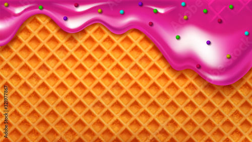 Wafer Cake With Rose Cream And Sweet Balls Vector. Wafer Biscuit For Jelly Pastry. Crispy Baked Delicious Dessert. Confectionery Waffle Texture Concept Template Realistic 3d Illustration