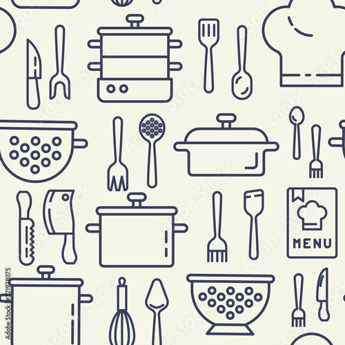 Kitchen utensils icons pattern. Kitchenware seamless background. Seamless pattern vector illustration