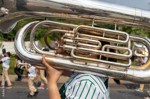 Picture of a tuba carried by someone with green striped shirt  © Christian