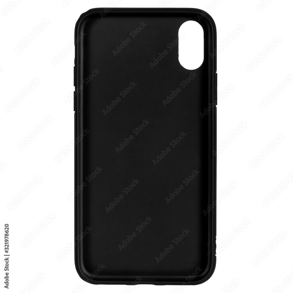 Black silicone case for smartphone or phone with cutouts for the camera. Front view isolated on white background Black silicone case for smartphone or phone with cutouts for the camera. Front view isolated on white background