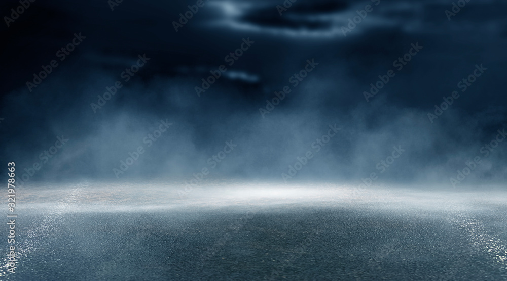Dark street, wet asphalt, reflections of rays in the water. Abstract dark blue background, smoke, smog. Empty dark scene, neon light, spotlights. Concrete floor Dark street, wet asphalt, reflections of rays in the water. Abstract dark blue background, smoke, smog. Empty dark scene, neon light, spotlights. Concrete floor