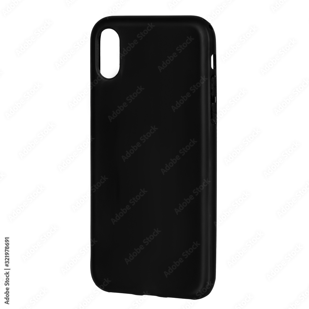 Black silicone case for smartphone or phone with cutouts for the camera. Three quarter view isolated on white background