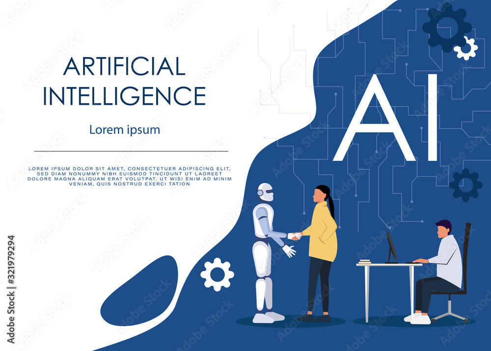 Ai or artificial intelligence vector concept with ai robot handshake with human. Symbol of future cooperation, technology advance, innovation. Eps10 vector illustration - obrazy, fototapety, plakaty 