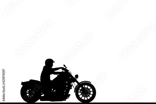 Silhouette biker with his motorbike on white background