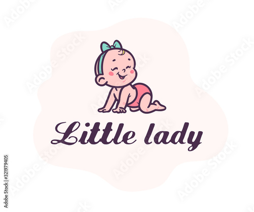 Little lady logotype with cute small baby girl silhouette in head bow crawl laughing isolated on white background. Baby shop emblem, baby care, happy motherhood sign, symbol. Vector flat illustration.