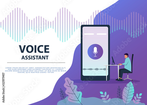 Male character using voice control for his phone. Isolated vector illustration of voice remote with character and phone