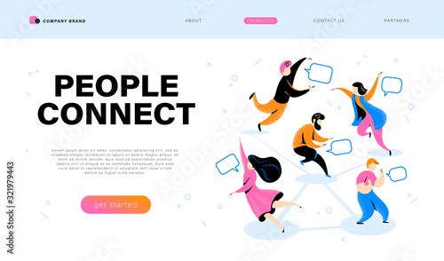 People connect concept. Landing page design template, webpage, ui, mobile app. People chatting, texting, communicating online together metaphor. Vector flat illustration.