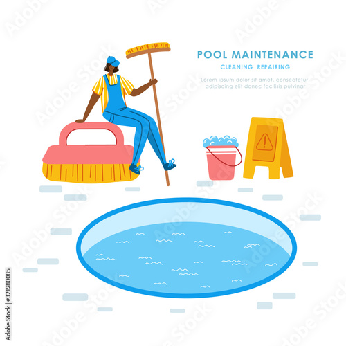 Swimming pool maintenance or cleaning service, girl in uniform clean swimming pool with brush and soap, tool for pool servicing, worker with equipment - flat vector for website, landing page, banner