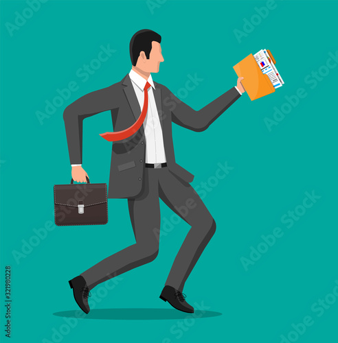 Businessman is fast running with waving necktie and briefcase. Business man rushing hurry to get on time. Time is money. Flat vector illustration