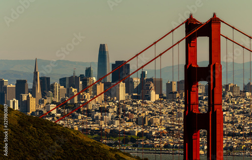 San Francisco, Ca. skyline seen from the Golden Gate Bridge at sun down