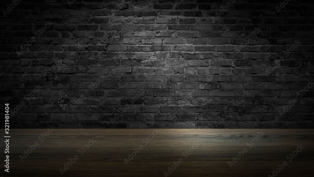 background of an empty black room, a cellar, lit by a searchlight. Brick black wall and wooden floor - obrazy, fototapety, plakaty 