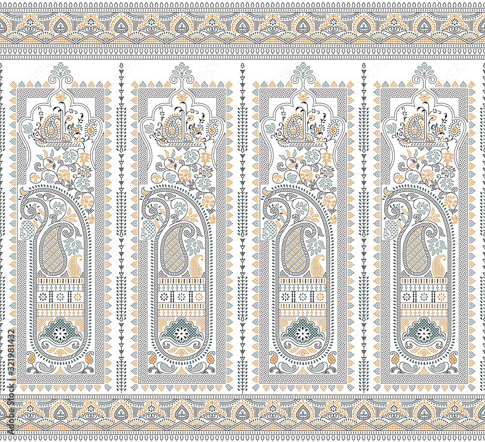 Seamless paisley border on white background with traditional Asian design elements