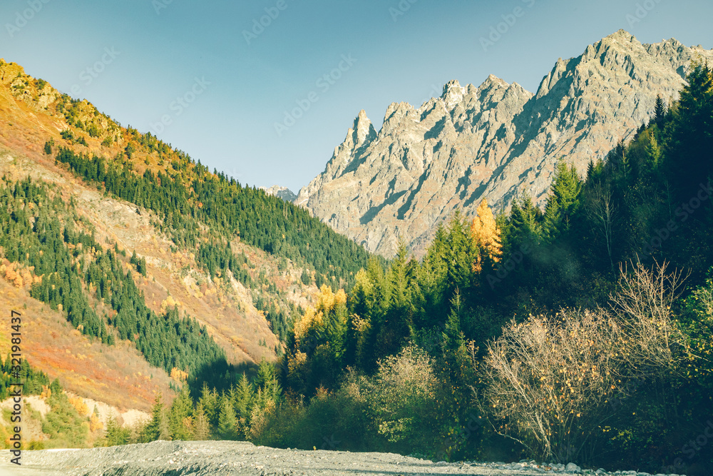 Nature scenic of caucasus mountains trekking trails in Georgia.