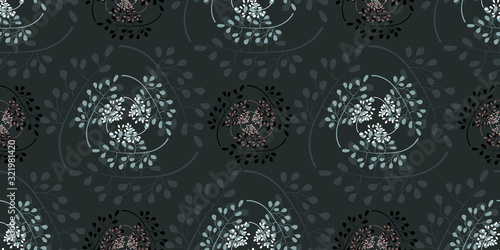 Art floral vector seamless pattern. Stylized eucalyptus branches isolated on a dark green background. Brown, light green, white, black twigs with leaves of gum-tree. Eco pattern for mother earth day.