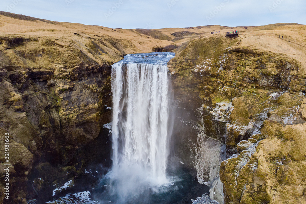Obraz premium Beautiful aerial view of Skogafoss waterfall Iceland