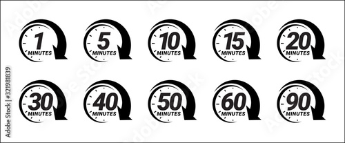 Minute timer icons set. one minute, five, ten, fifteen or more minutes. The arrow shows the limited cooking time or deadline. Vector illustration