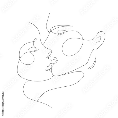 Man and woman kiss continuous line