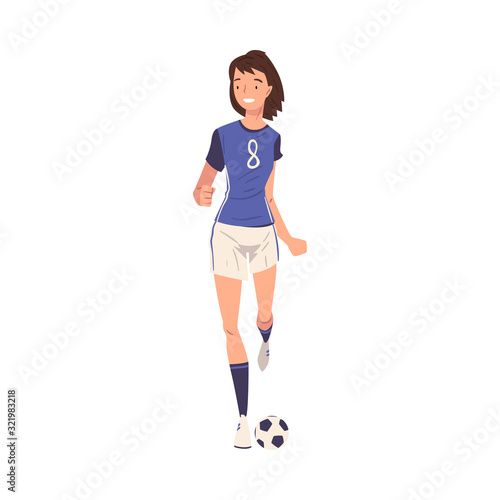 Girl Soccer Player Character, Young Woman in Sports Uniform Playing with Ball Vector Illustration