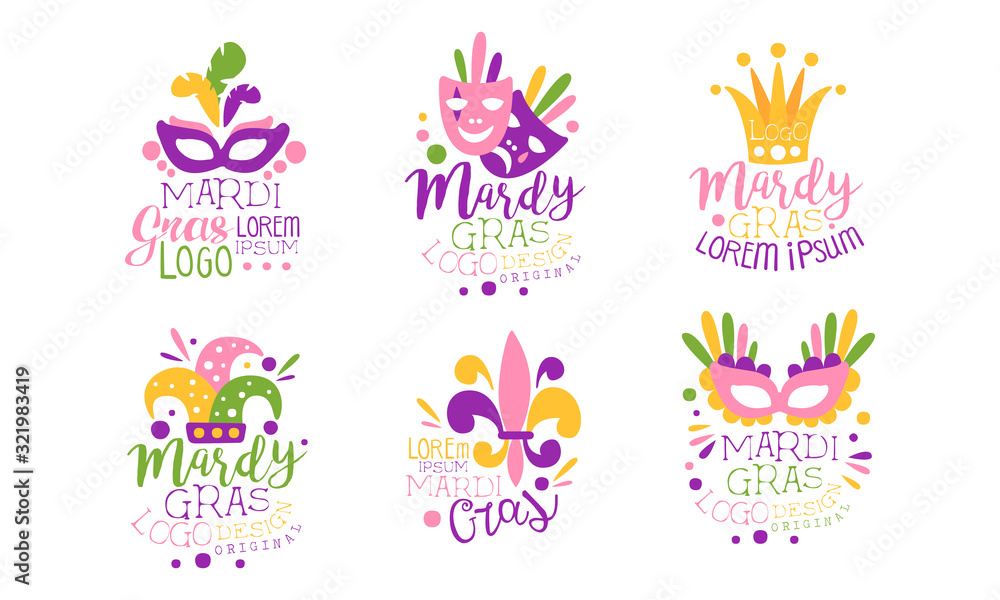 Mardi Gras Logo Design Templates Collection, Colorful Carnival Festive Hand Drawn Labels Vector Illustration