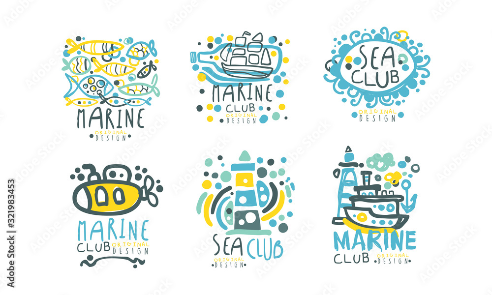 Sea Club Logo Design Templates Collection, Marine and Nautical Hand Drawn Labels Vector Illustration Sea Club Logo Design Templates Collection, Marine and Nautical Hand Drawn Labels Vector Illustration