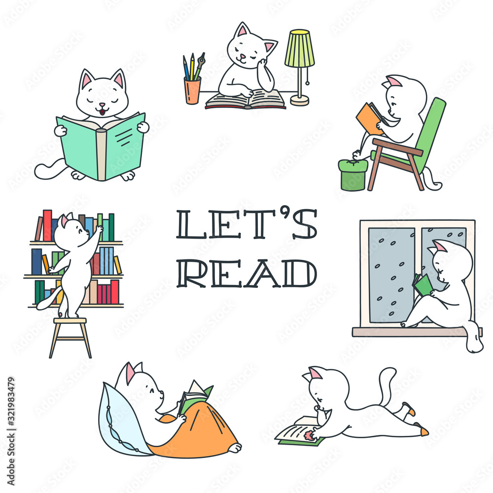 Naklejka premium Lets's Read. Doodle illustration of a cute white cats fond of reading. Vector 8 EPS.