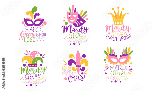 Mardi Gras Logo Design Templates Collection, Colorful Carnival Festive Hand Drawn Labels Vector Illustration
