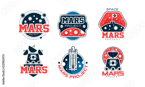 Mars Project Logo Design Templates Collection, Space Adventure, Exploration, Red Planet Colonization Labels Vector Illustration