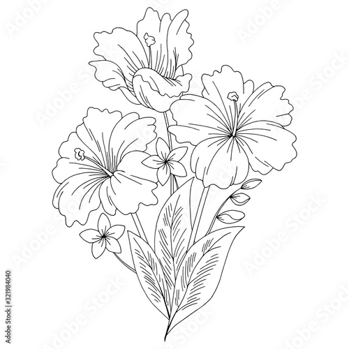 Tropical flower bouquet graphic black white isolated sketch illustration vector