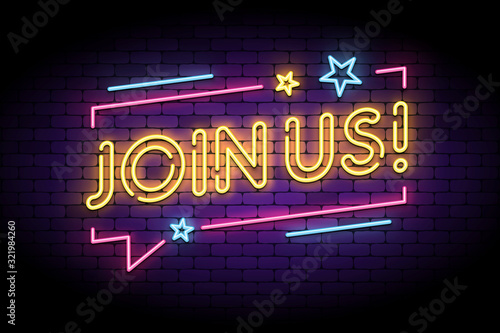 Join us sign in glowing neon style with speech bubble and stars. Vector illustration for follow, join new members in social account.