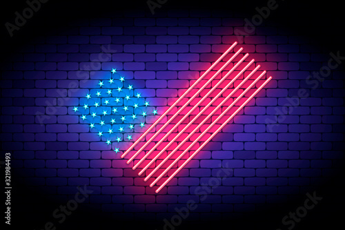 Vote America. Neon vector illustration with united states flag elements for voting on the president election. Glowing neon USA flag like a checkmark.