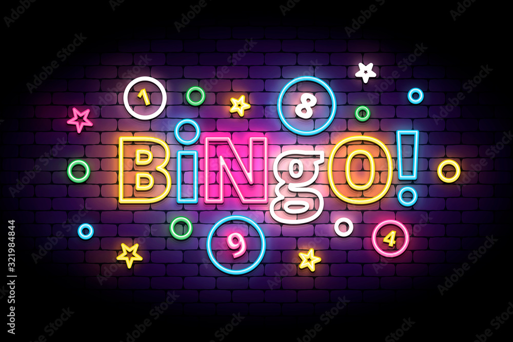 Bingo neon sign with lottery balls and stars. Colorful bingo lettering
