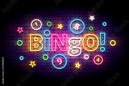Bingo neon sign with lottery balls and stars. Colorful bingo lettering in glowing neon style. Vector illustration for the lottery.