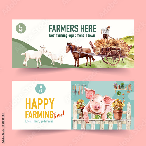 Farmer banner design with goat, grass, pig watercolor illustration,